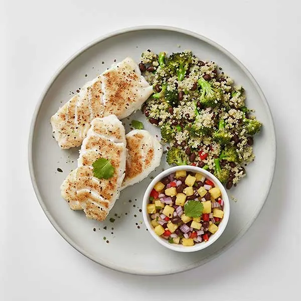Costa Rican-Style Fish with broccoli Quinoa Mix & Pineapple-Bean Salsa